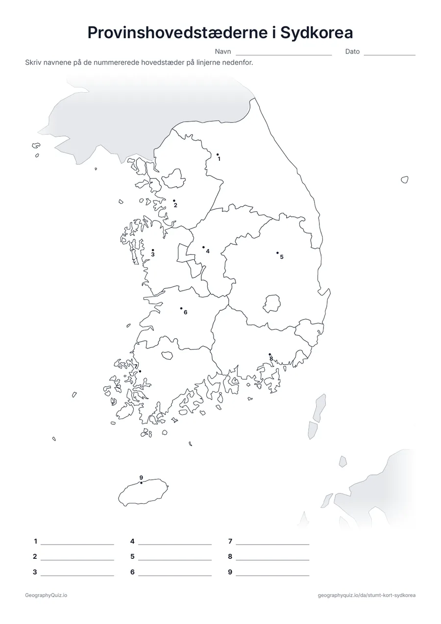 Forhåndsvisning af arbejdsarket »Provinshovedstæderne i Sydkorea« til udskrift: Hovedstaden i hver af de ni provinser er markeret med et nummereret punkt, fra Suwon til byen Jeju