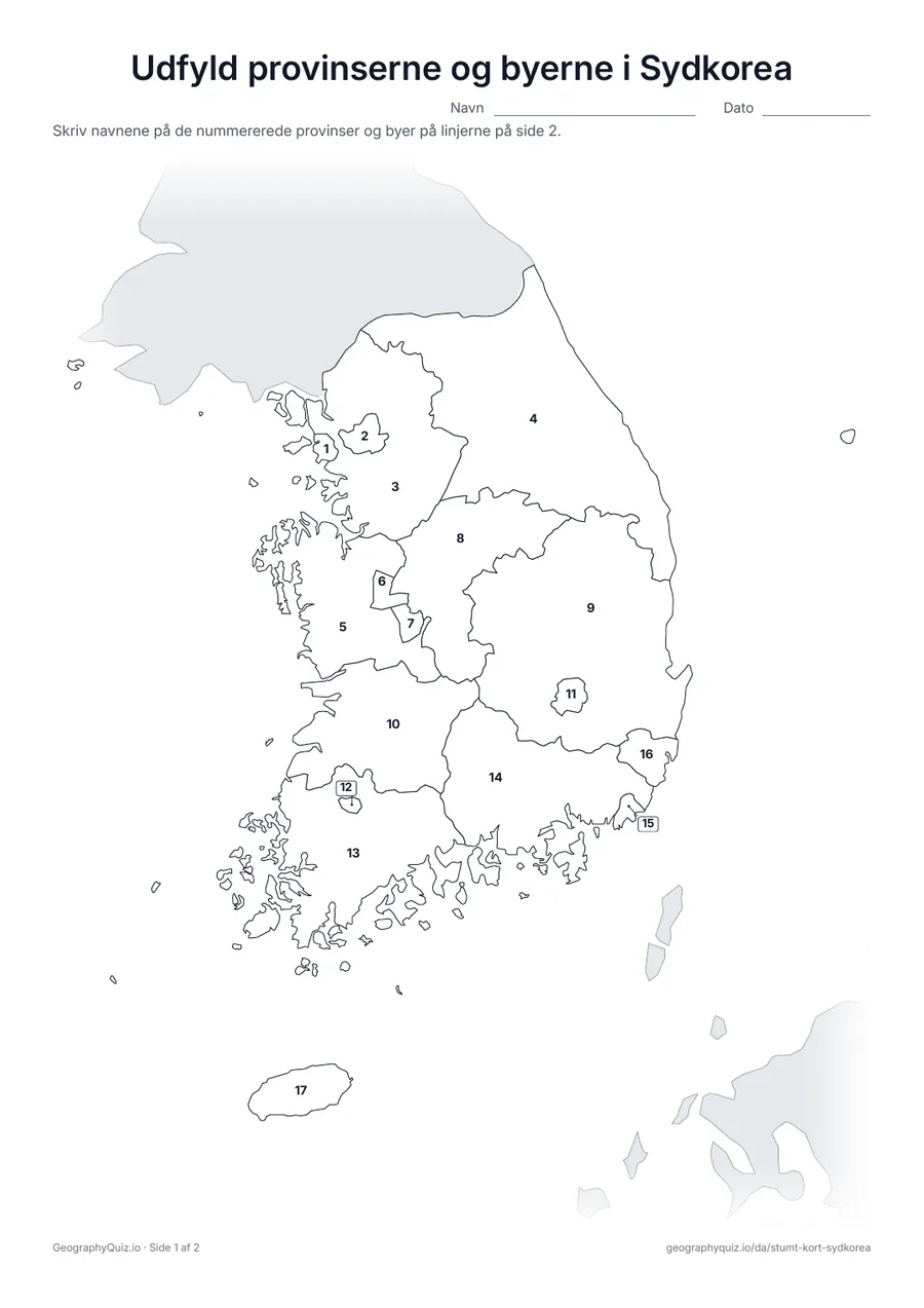 Forhåndsvisning af arbejdsarket »Udfyld provinserne og byerne i Sydkorea« til udskrift: Alle 9 provinser og 8 byer er nummererede
