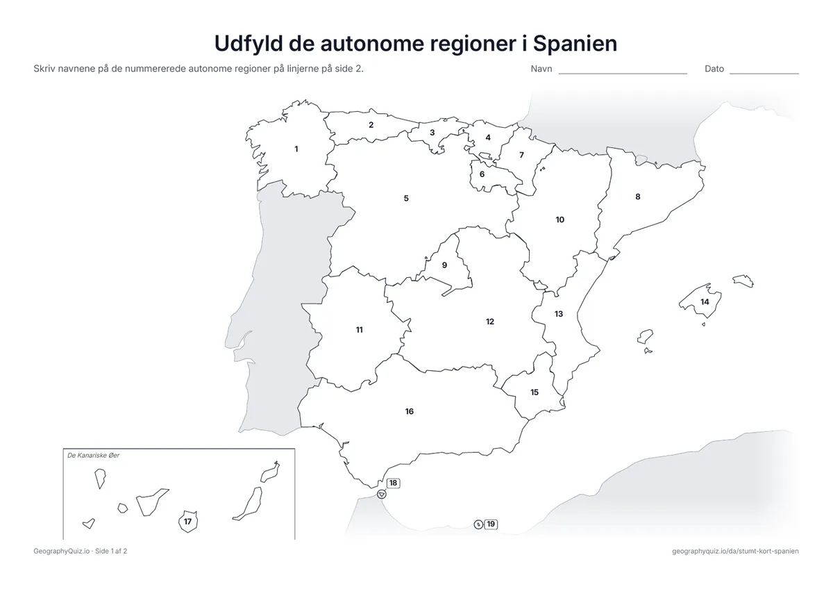 Forhåndsvisning af arbejdsarket »Udfyld de autonome regioner i Spanien« til udskrift: Alle 17 autonome regioner og 2 autonome byer er nummererede
