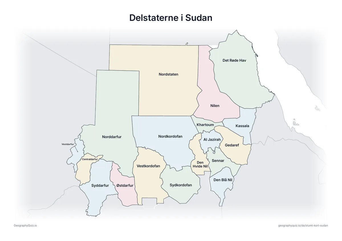 Forhåndsvisning af arbejdsarket »Delstaterne i Sudan« til udskrift: Et kort over Sudan med alle navnene skrevet på – et oversigtsark til undervisningen og til at rette svarene