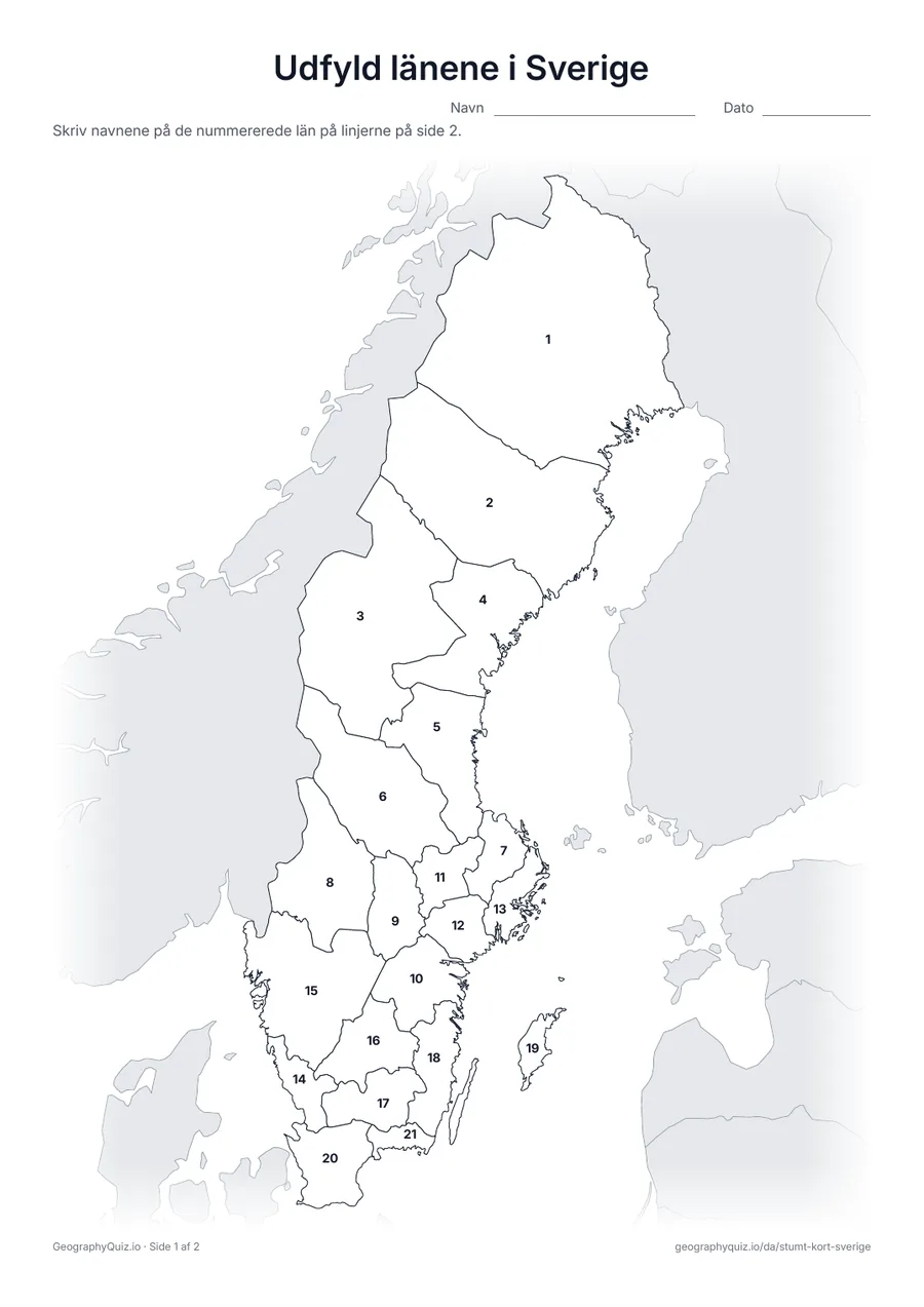 Forhåndsvisning af arbejdsarket »Udfyld länene i Sverige« til udskrift: Alle 21 län er nummererede