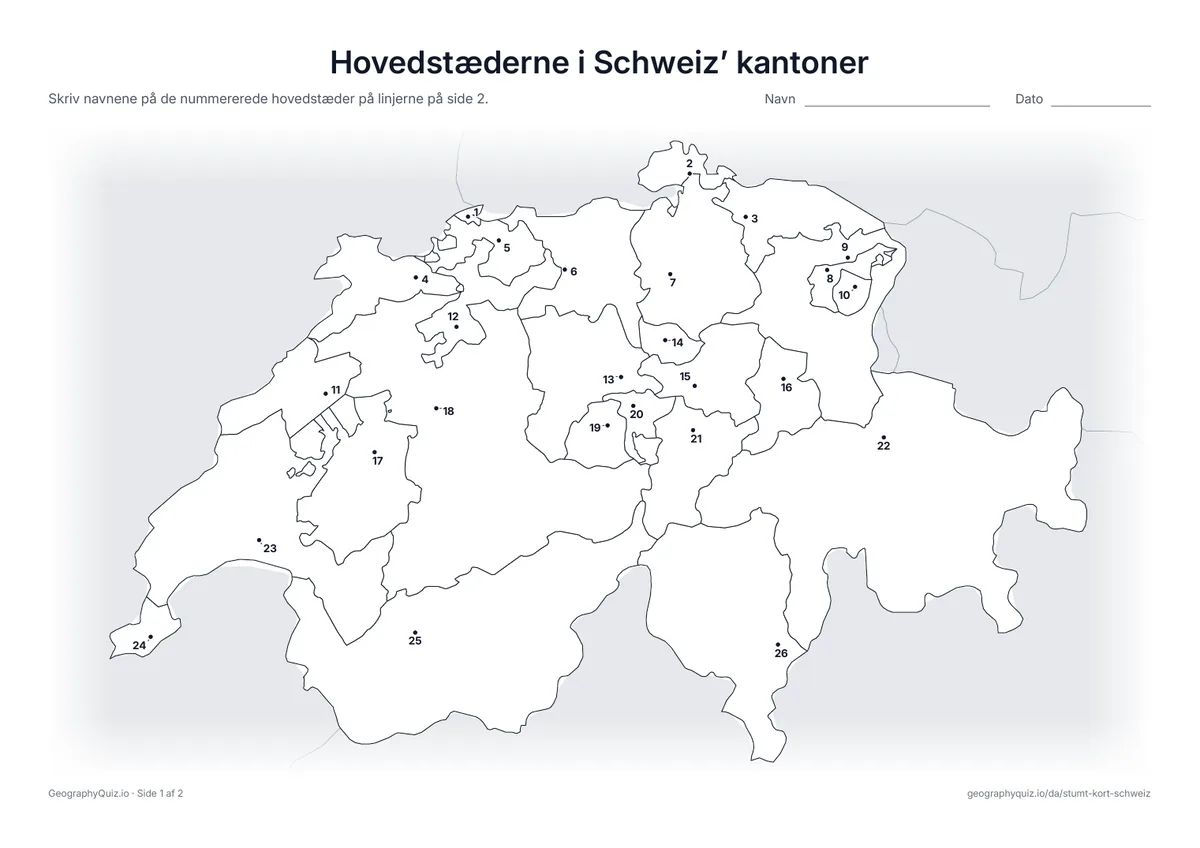 Forhåndsvisning af arbejdsarket »Hovedstæderne i Schweiz’ kantoner« til udskrift: Hovedstaden i hver kanton er markeret med et nummereret punkt