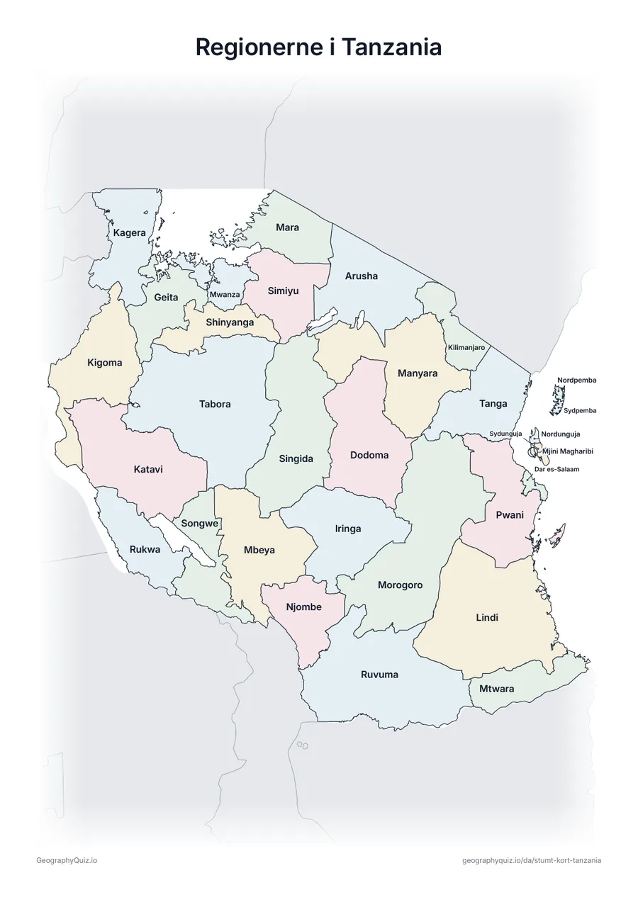 Forhåndsvisning af arbejdsarket »Regionerne i Tanzania« til udskrift: Et kort over Tanzania med alle navnene skrevet på – et oversigtsark til undervisningen og til at rette svarene