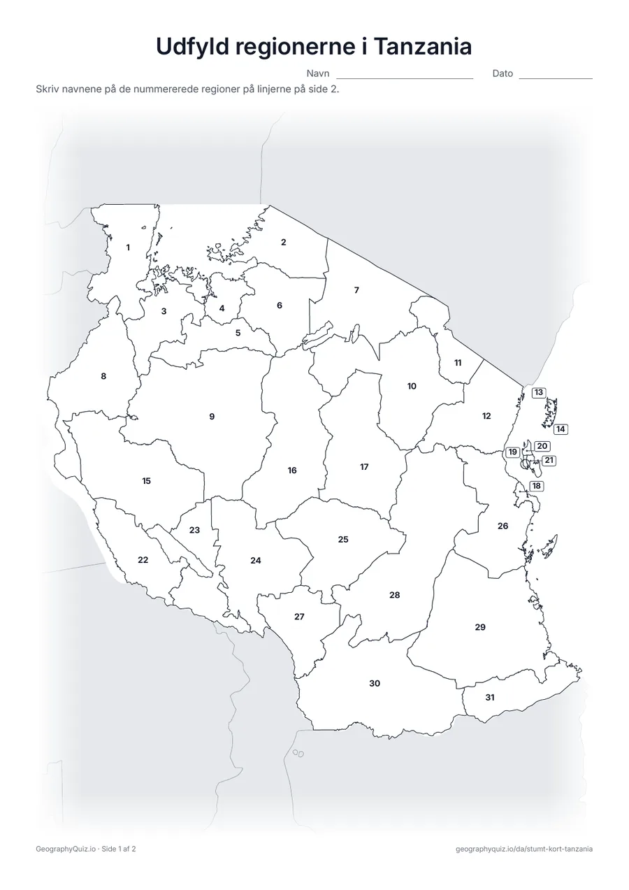 Forhåndsvisning af arbejdsarket »Udfyld regionerne i Tanzania« til udskrift: Alle 31 regioner er nummererede