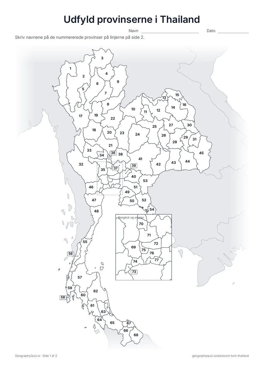Forhåndsvisning af arbejdsarket »Udfyld provinserne i Thailand« til udskrift: Alle 76 provinser og Bangkok er nummererede