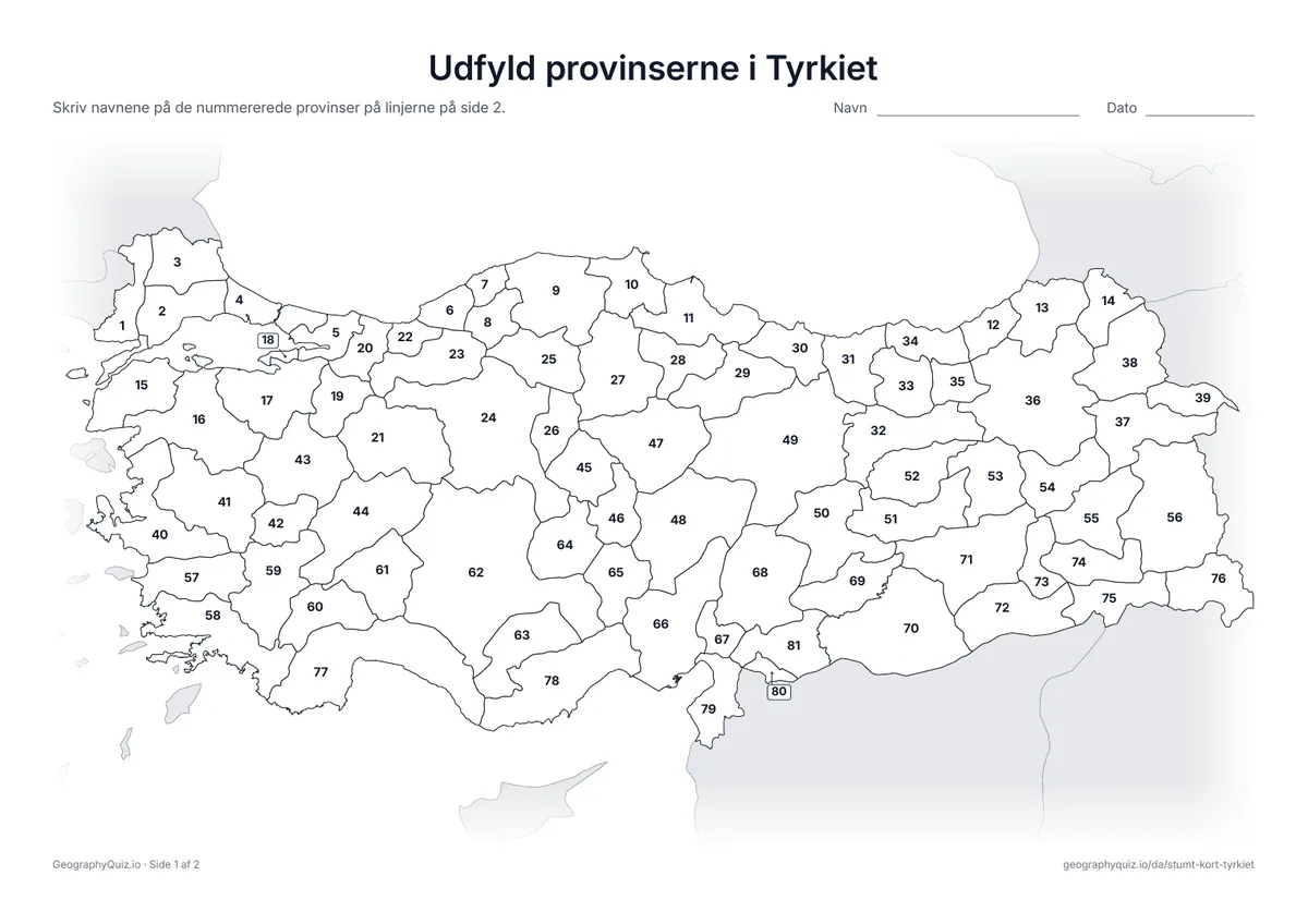 Forhåndsvisning af arbejdsarket »Udfyld provinserne i Tyrkiet« til udskrift: Alle 81 provinser er nummererede
