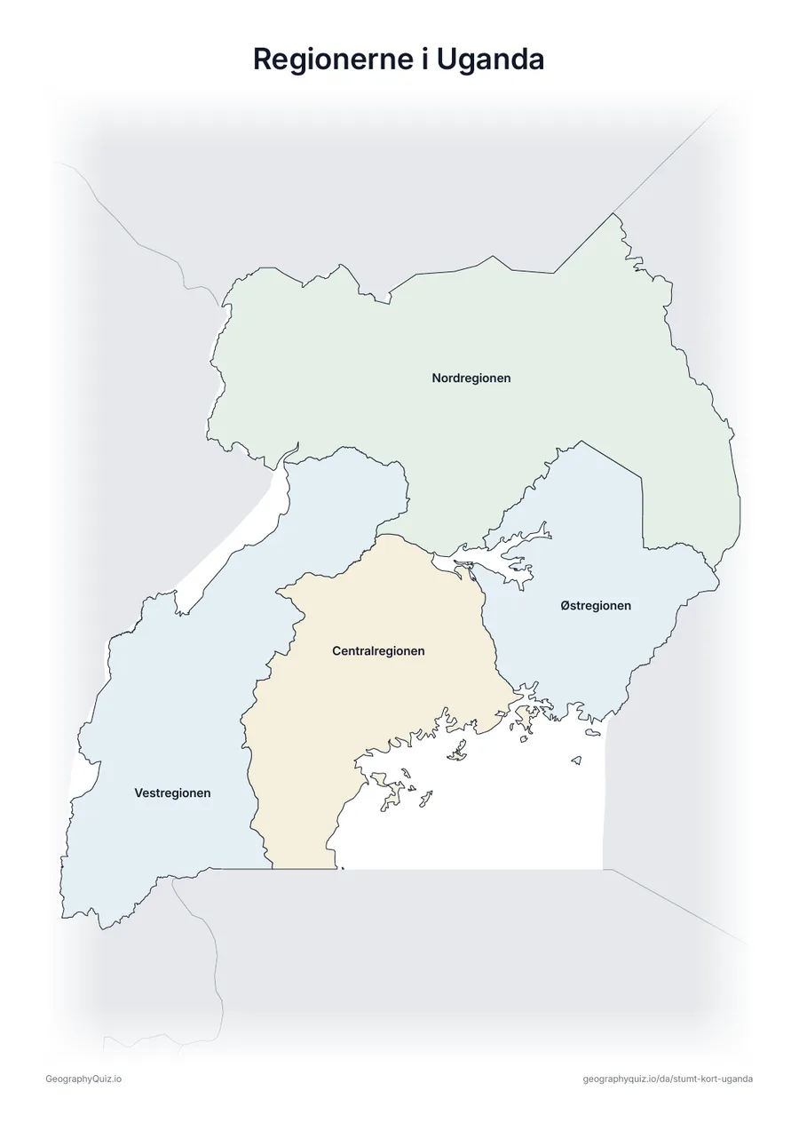 Forhåndsvisning af arbejdsarket »Regionerne i Uganda« til udskrift: Et kort over Uganda med alle navnene skrevet på – et oversigtsark til undervisningen og til at rette svarene