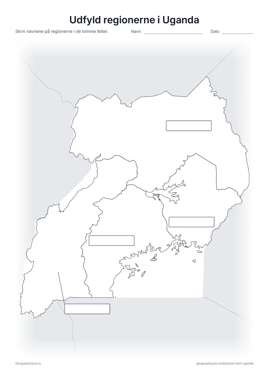 Forhåndsvisning af arbejdsarket »Udfyld regionerne i Uganda« til udskrift: Alle fire regioner er forbundet med en streg til hvert sit tomme svarfelt, som på arket »Udfyld verdensdelene« blandt verdenskortene