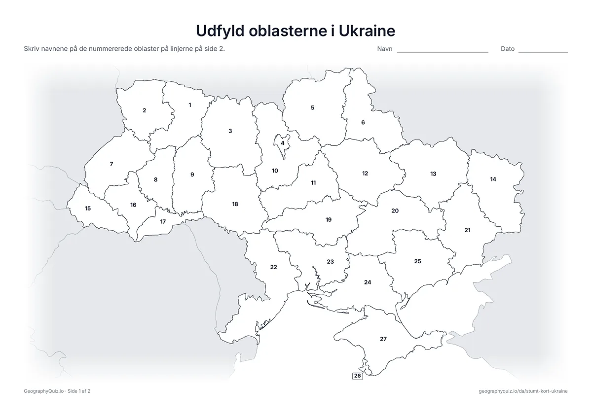 Forhåndsvisning af arbejdsarket »Udfyld oblasterne i Ukraine« til udskrift: Alle 24 oblaster, Krim, Kyiv og Sevastopol er nummererede