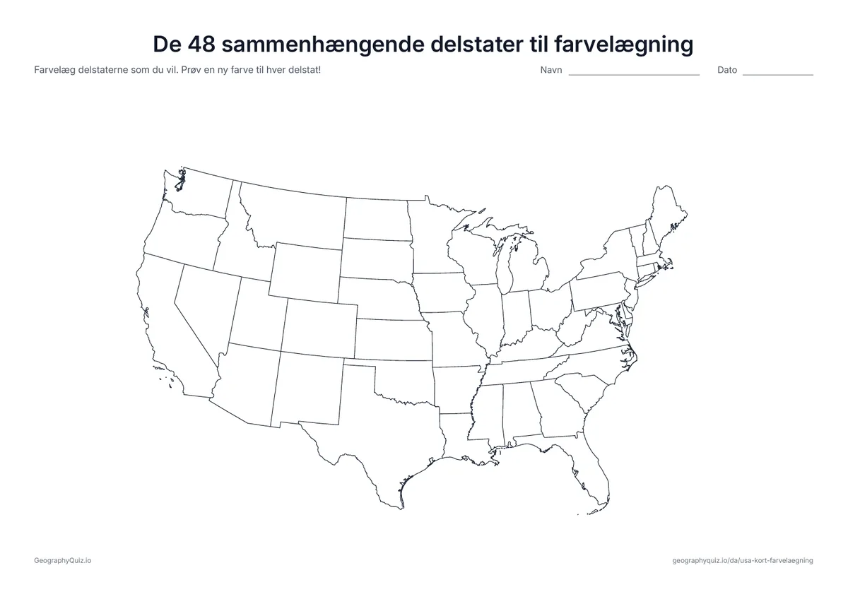 Forhåndsvisning af arbejdsarket »De 48 sammenhængende delstater til farvelægning« til udskrift: De 48 sammenhængende delstater i stort format uden Alaska og Hawaii – mere plads at farvelægge på