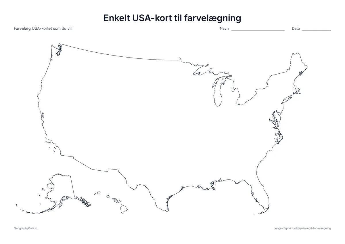 Forhåndsvisning af arbejdsarket »Enkelt USA-kort til farvelægning« til udskrift: USA’s omrids uden grænser mellem delstaterne – en stor form der er let at farvelægge for de yngste