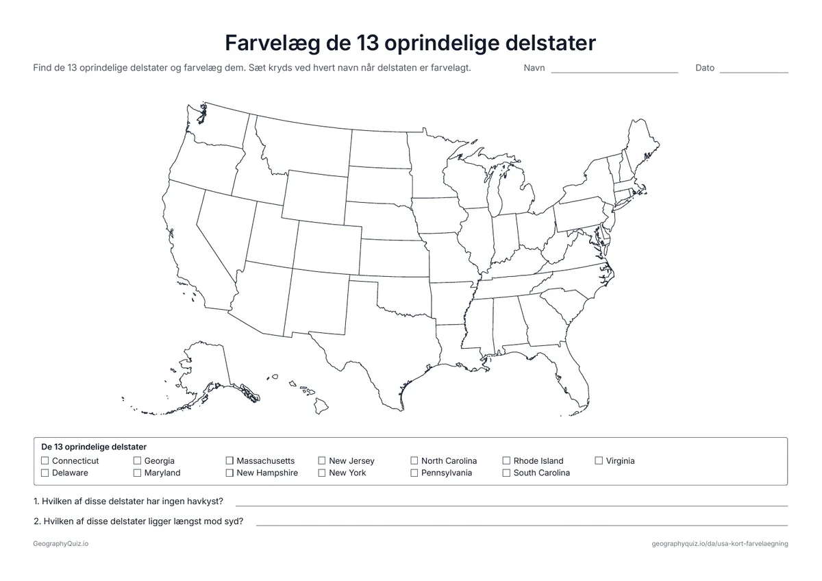 Forhåndsvisning af arbejdsarket »Farvelæg de 13 oprindelige delstater« til udskrift: En liste over de 13 delstater der voksede ud af britiske kolonier