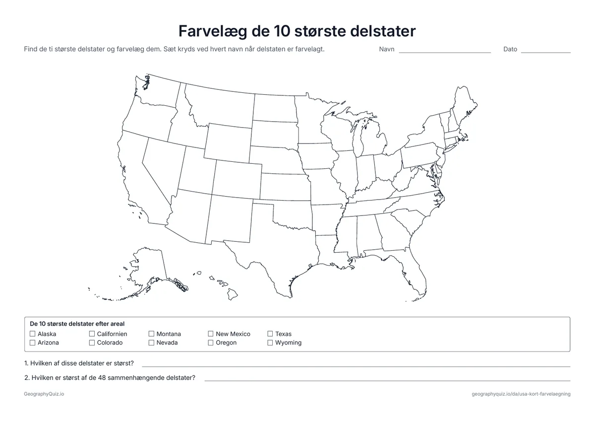 Forhåndsvisning af arbejdsarket »Farvelæg de 10 største delstater« til udskrift: En liste over de ti delstater med det største areal