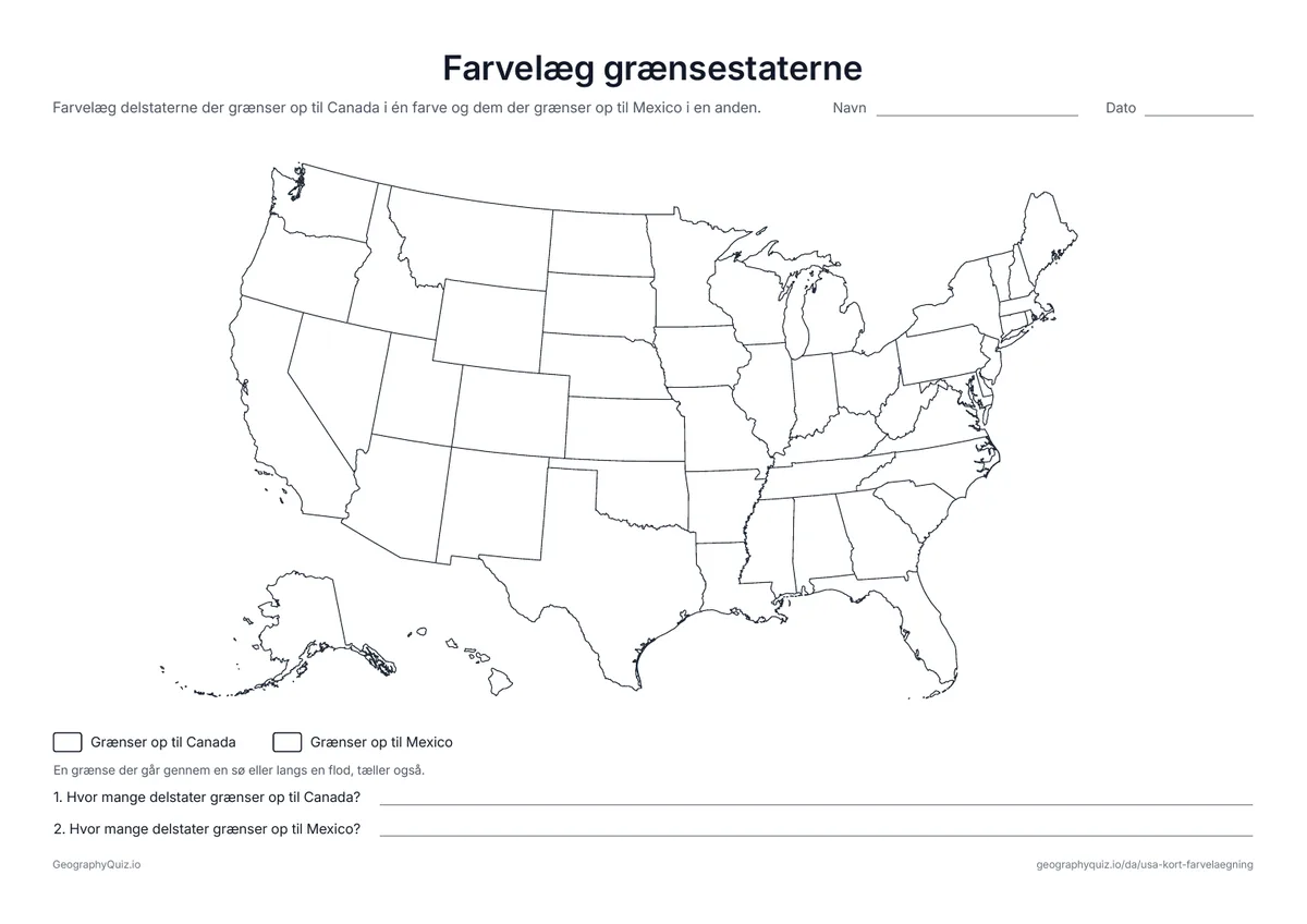 Forhåndsvisning af arbejdsarket »Farvelæg grænsestaterne« til udskrift: Delstaterne der grænser op til Canada og til Mexico, farvelægges og tælles