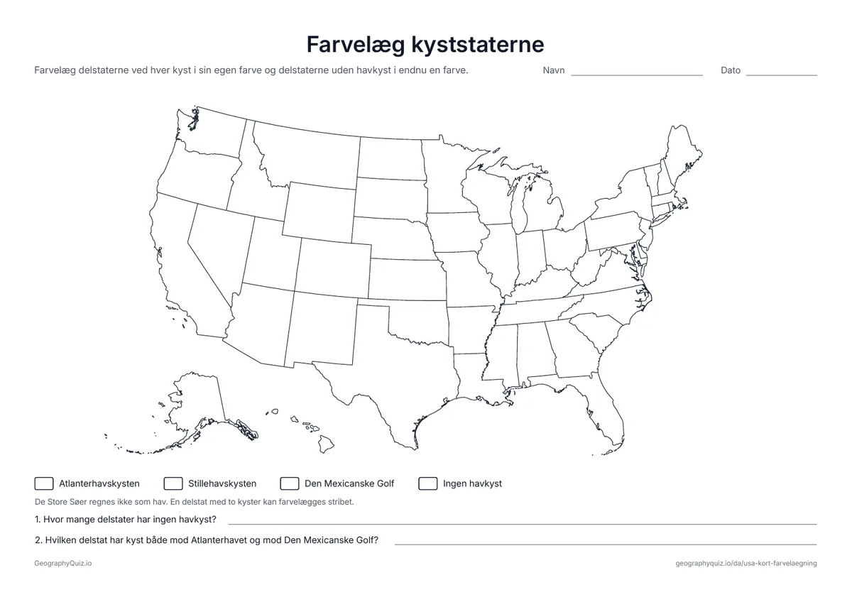 Forhåndsvisning af arbejdsarket »Farvelæg kyststaterne« til udskrift: Delstaterne ved Atlanterhavskysten, Stillehavskysten og Den Mexicanske Golf og delstaterne uden havkyst farvelægges i forskellige farver
