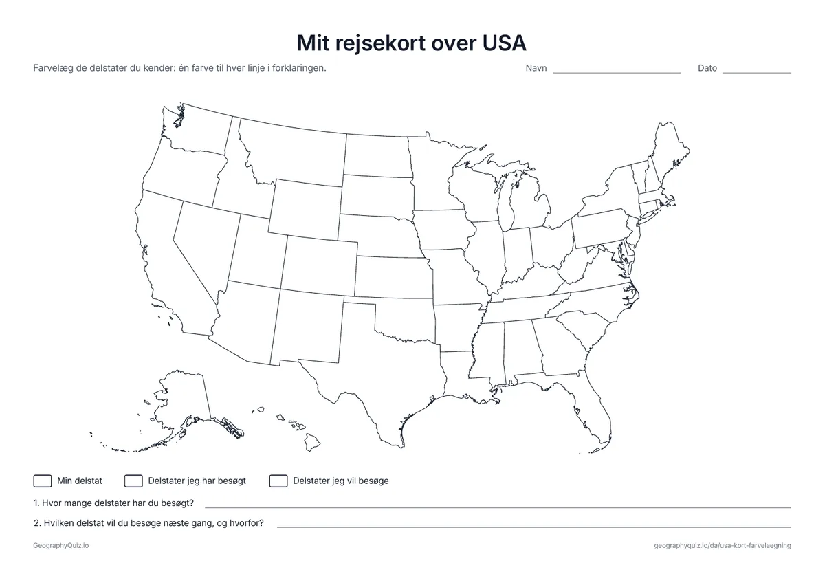 Forhåndsvisning af arbejdsarket »Mit rejsekort over USA« til udskrift: Farvelæg din delstat, de delstater du har besøgt, og dem du vil besøge, og svar på to spørgsmål