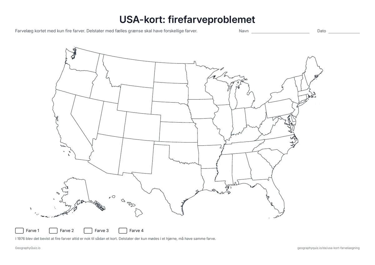 Forhåndsvisning af arbejdsarket »USA-kort: firefarveproblemet« til udskrift: Farvelæg alle 50 delstater med kun fire farver uden at to naboer får samme farve – sværere end det ser ud omkring Kentucky og Tennessee