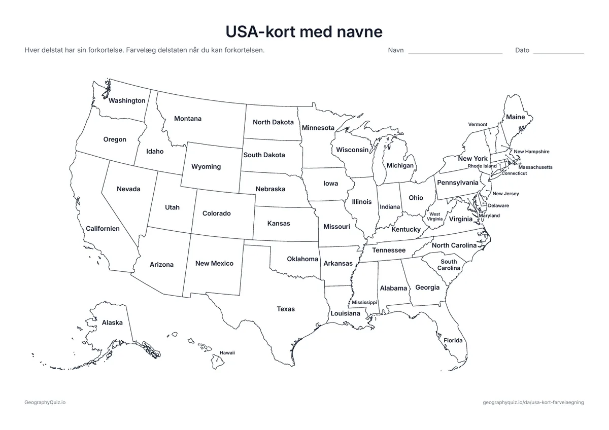 Forhåndsvisning af arbejdsarket »USA-kort med navne« til udskrift: Hver delstat har sit navn skrevet på; de små delstater i nordøst står i kanten