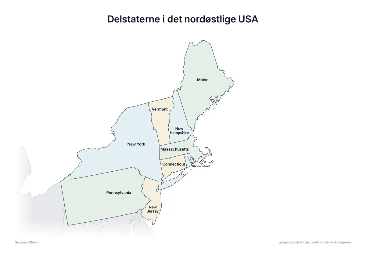 Forhåndsvisning af arbejdsarket »Delstaterne i det nordøstlige USA« til udskrift: Det samme kort med navnene på alle 9 delstater – til undervisning, repetition eller til at rette elevernes arbejde