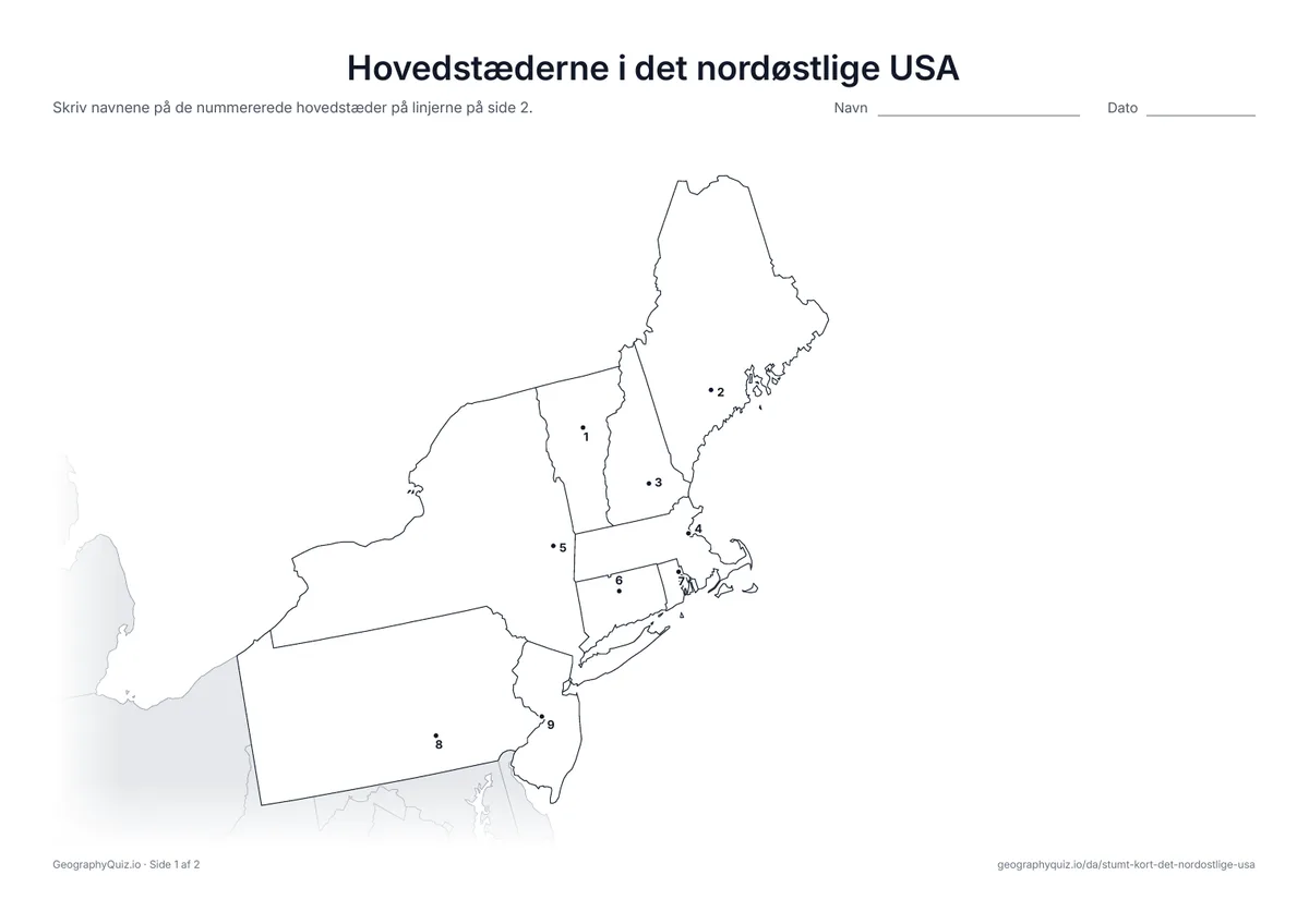 Forhåndsvisning af arbejdsarket »Hovedstæderne i det nordøstlige USA« til udskrift: Hver hovedstad er markeret med et nummereret punkt