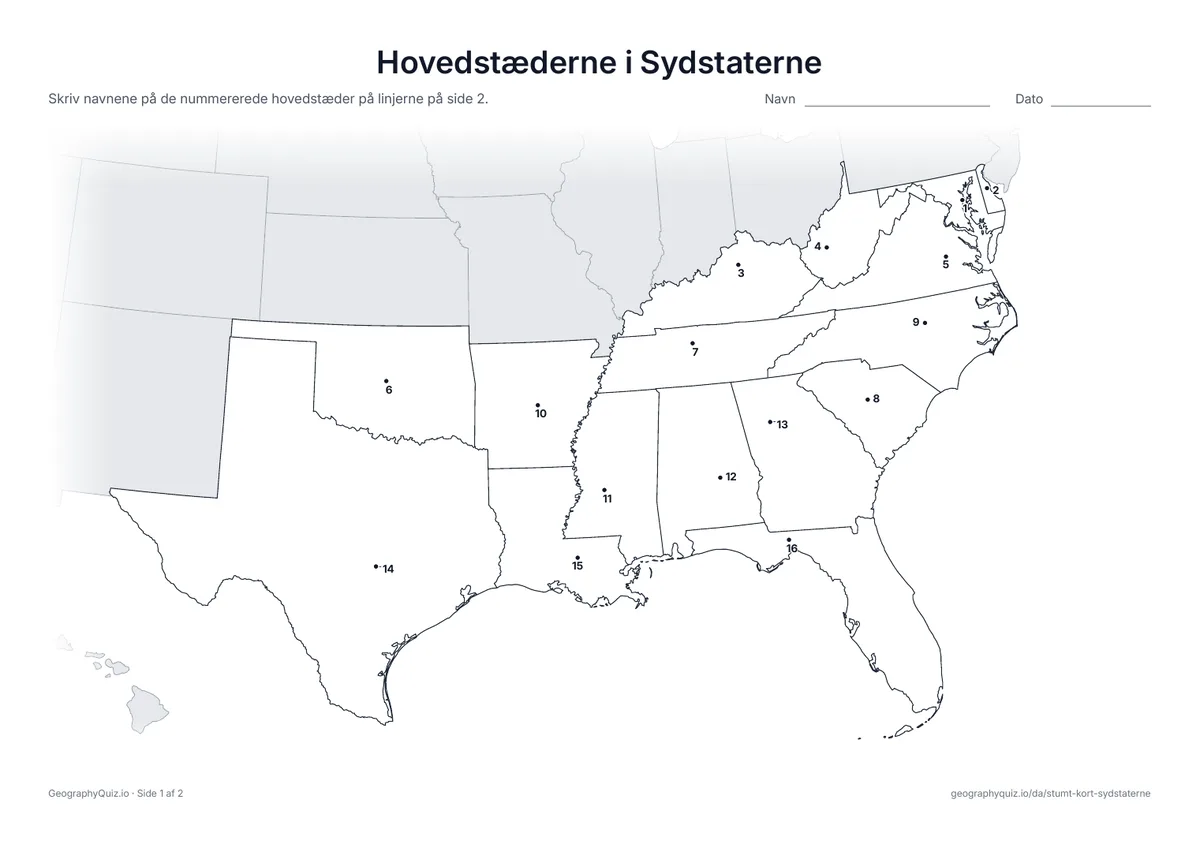Forhåndsvisning af arbejdsarket »Hovedstæderne i Sydstaterne« til udskrift: Hver hovedstad er markeret med et nummereret punkt