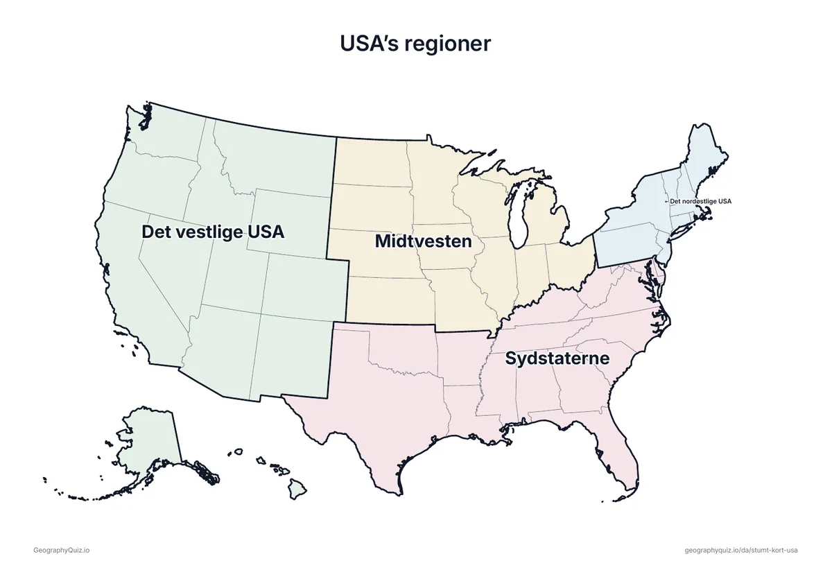 Forhåndsvisning af arbejdsarket »USA’s regioner« til udskrift: De fire regioner fra US Census Bureau – det nordøstlige USA, Midtvesten, Sydstaterne og det vestlige USA – i lyse farver og med navne