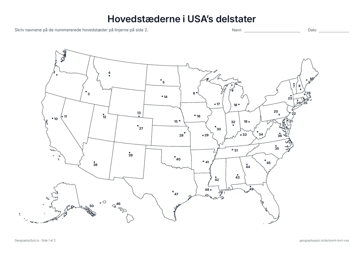Forhåndsvisning af arbejdsarket »Hovedstæderne i USA’s delstater« til udskrift: Et nummereret punkt markerer hovedstaden i hver delstat