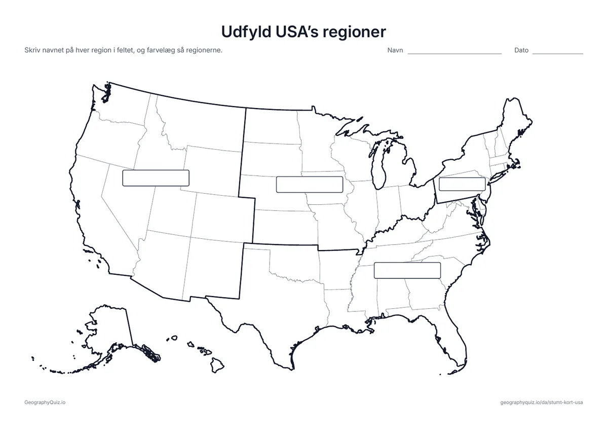 Forhåndsvisning af arbejdsarket »Udfyld USA’s regioner« til udskrift: Tykke linjer viser de fire regioner, hver med et tomt felt