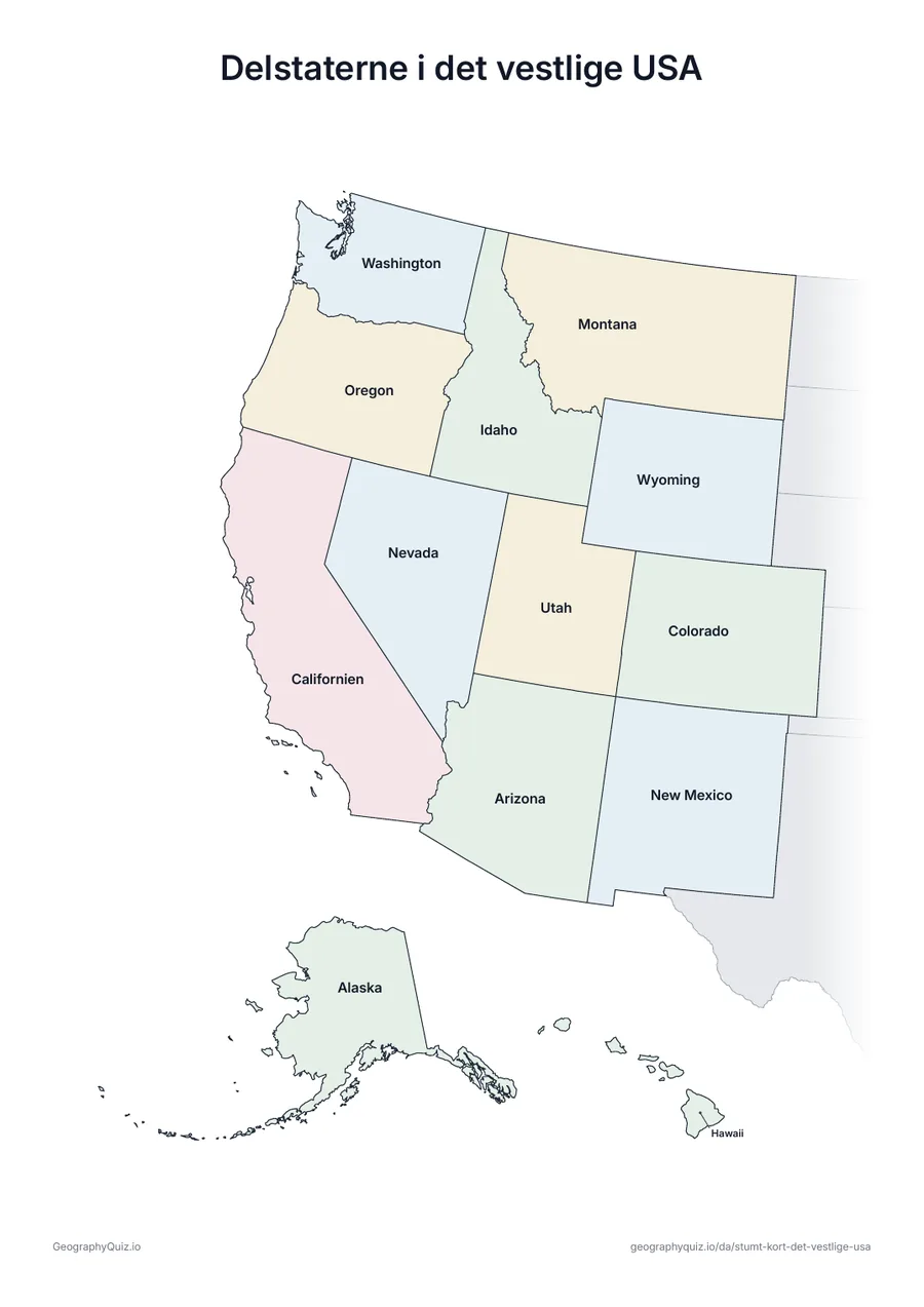 Forhåndsvisning af arbejdsarket »Delstaterne i det vestlige USA« til udskrift: Det samme kort med navnene på alle 13 delstater – til undervisning, repetition eller til at rette elevernes arbejde
