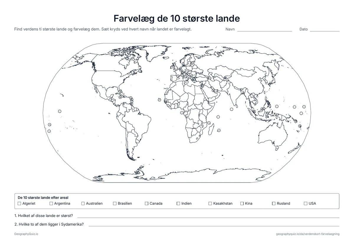 Forhåndsvisning af arbejdsarket »Farvelæg de 10 største lande« til udskrift: Et verdenskort med alle grænser og en liste over de ti lande med det største areal
