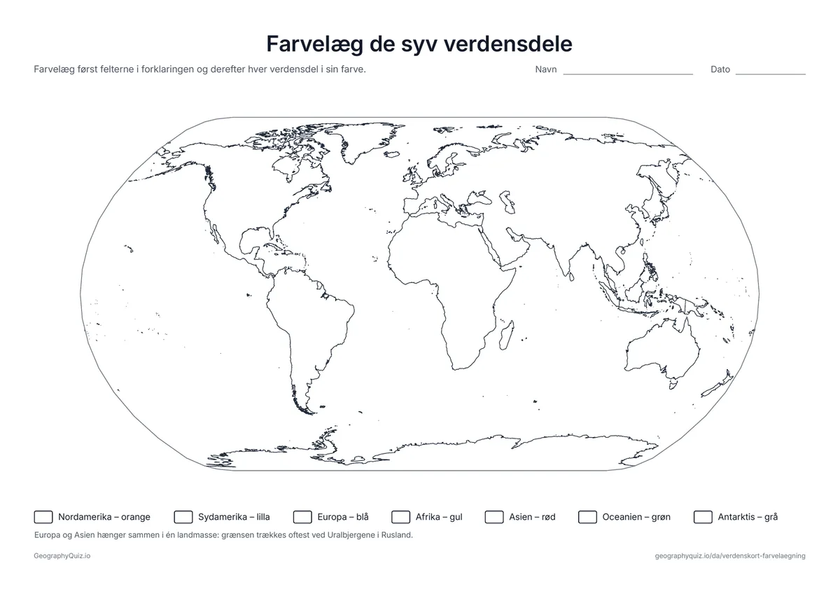 Forhåndsvisning af arbejdsarket »Farvelæg de syv verdensdele« til udskrift: Et kort over de syv verdensdele med farveforklaring: først farvelægges forklaringen, så hver verdensdel