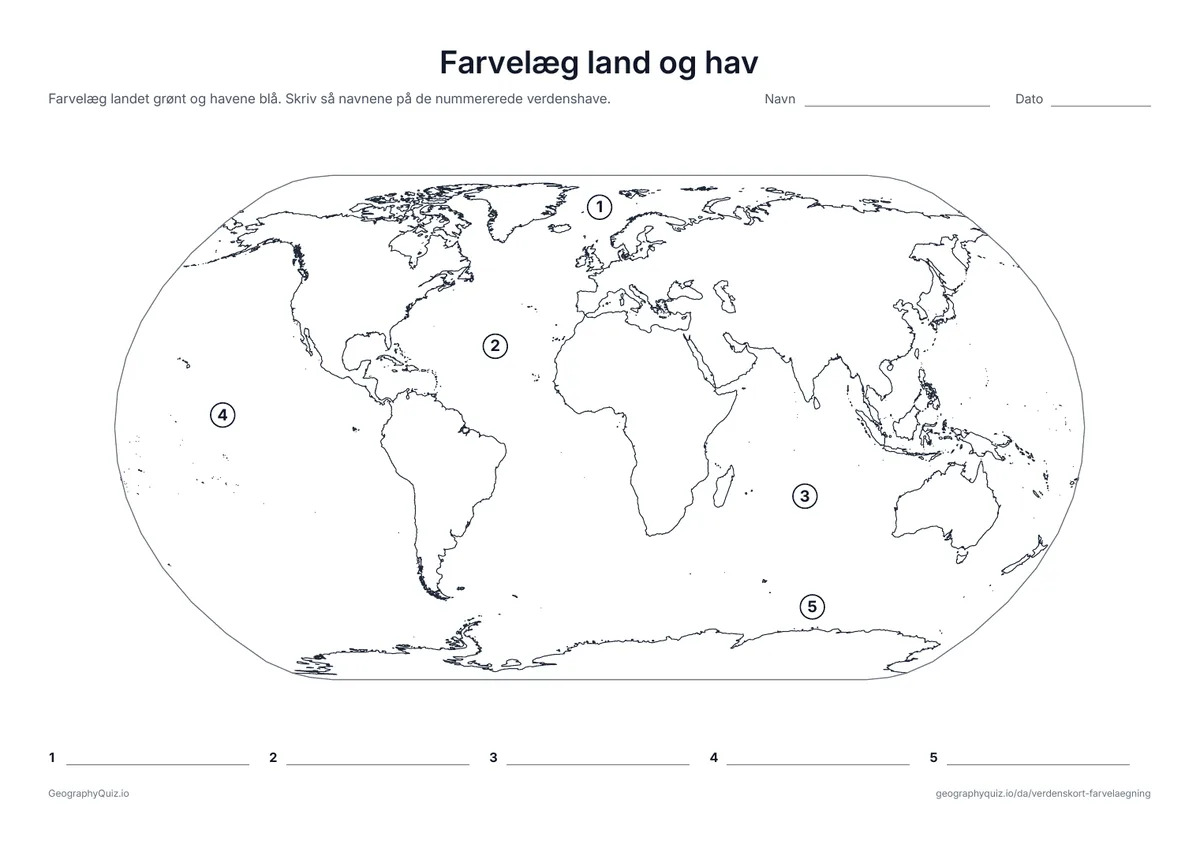 Forhåndsvisning af arbejdsarket »Farvelæg land og hav« til udskrift: Farvelæg landet grønt og vandet blåt, og skriv navnene på de nummererede verdenshave