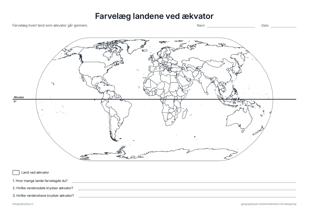 Forhåndsvisning af arbejdsarket »Farvelæg landene ved ækvator« til udskrift: Ækvator er tegnet ind