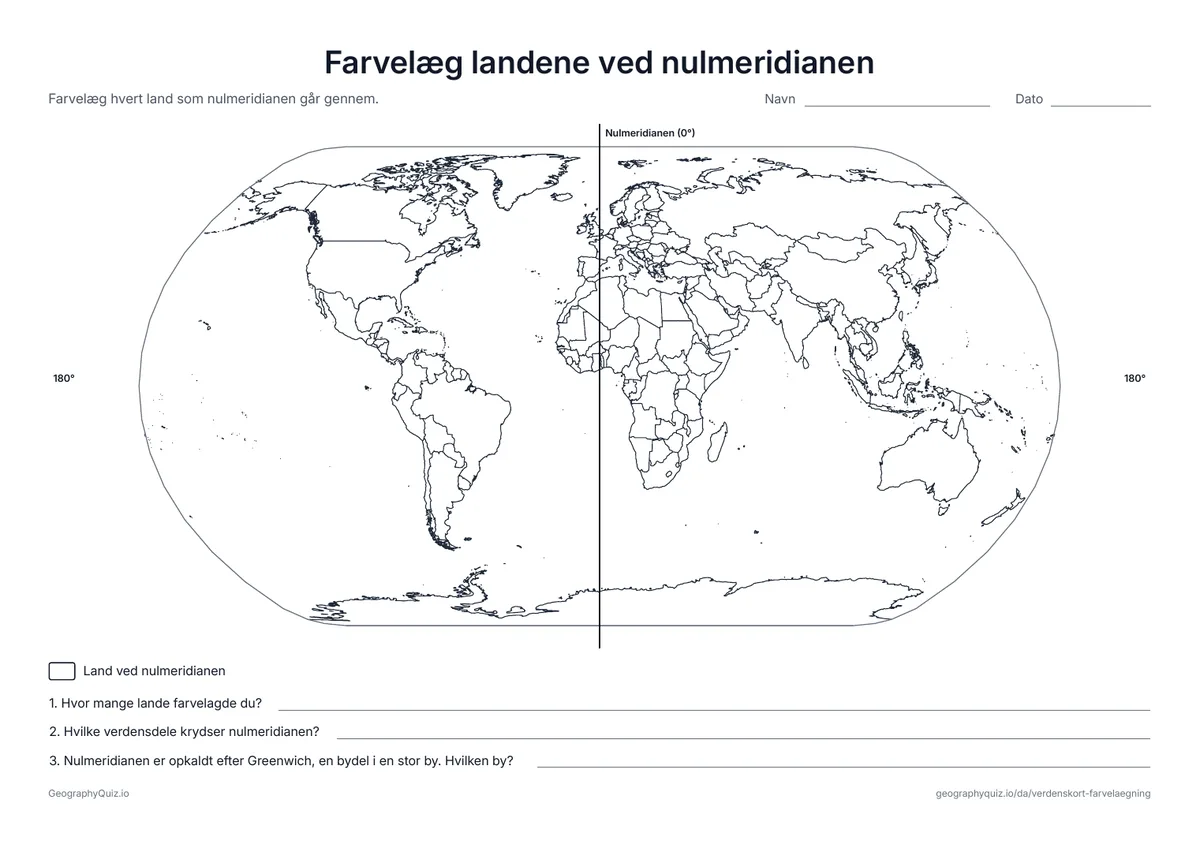Forhåndsvisning af arbejdsarket »Farvelæg landene ved nulmeridianen« til udskrift: Nulmeridianen går fra pol til pol over kortet