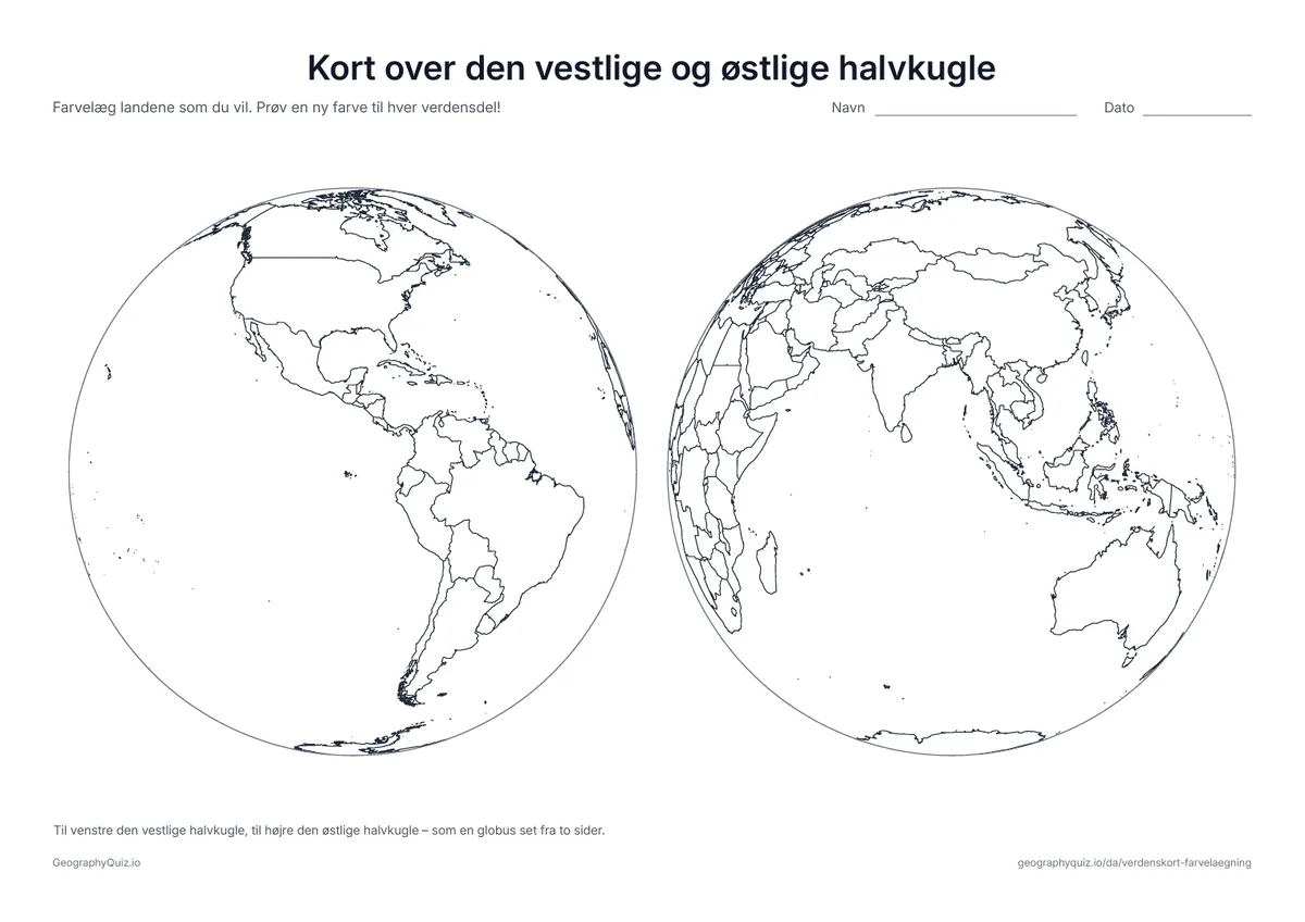 Forhåndsvisning af arbejdsarket »Kort over den vestlige og østlige halvkugle« til udskrift: To globusser side om side: Amerika på den ene, Europa, Afrika, Asien og Australien på den anden