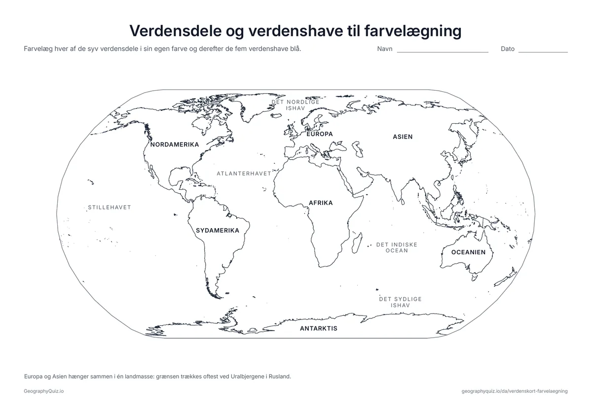 Forhåndsvisning af arbejdsarket »Verdensdele og verdenshave til farvelægning« til udskrift: De syv verdensdele og de fem verdenshave har deres navne på kortet
