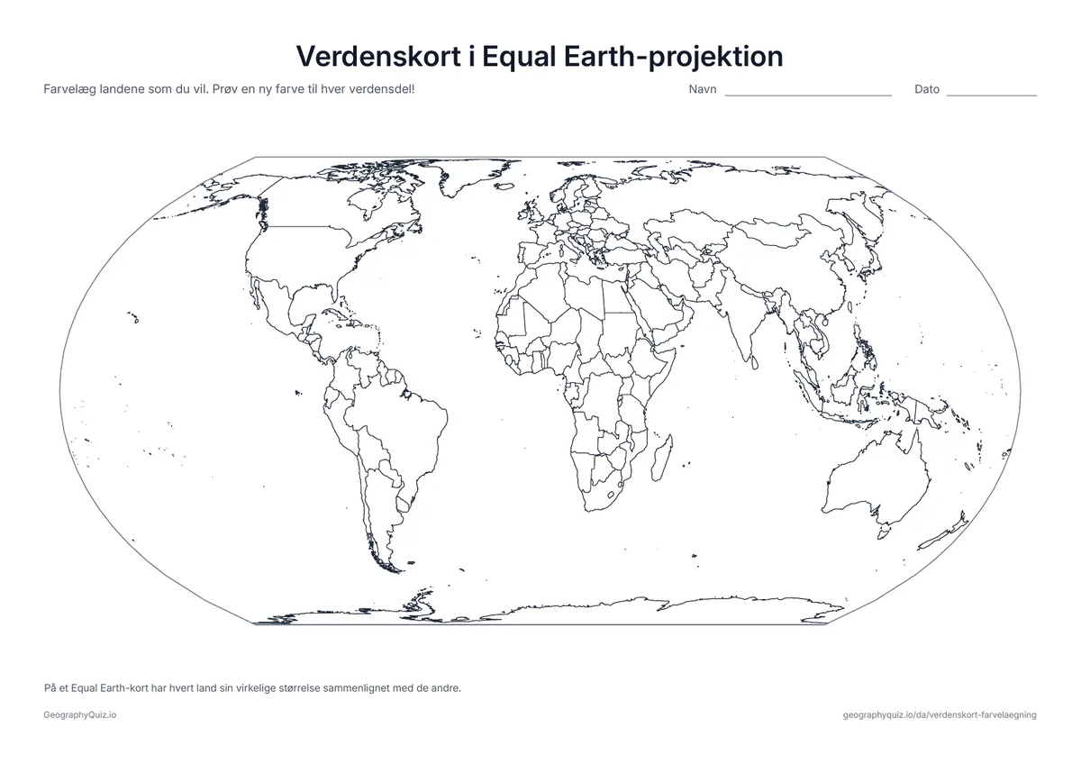 Forhåndsvisning af arbejdsarket »Verdenskort i Equal Earth-projektion« til udskrift: Equal Earth-projektionen viser hvert land i dets virkelige størrelse sammenlignet med de andre