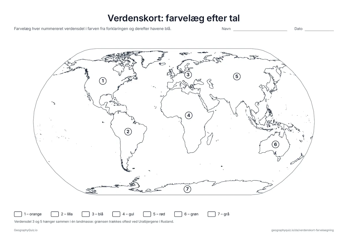 Forhåndsvisning af arbejdsarket »Verdenskort: farvelæg efter tal« til udskrift: Hver verdensdel har et tal fra 1 til 7 og farvelægges i den rigtige farve fra forklaringen