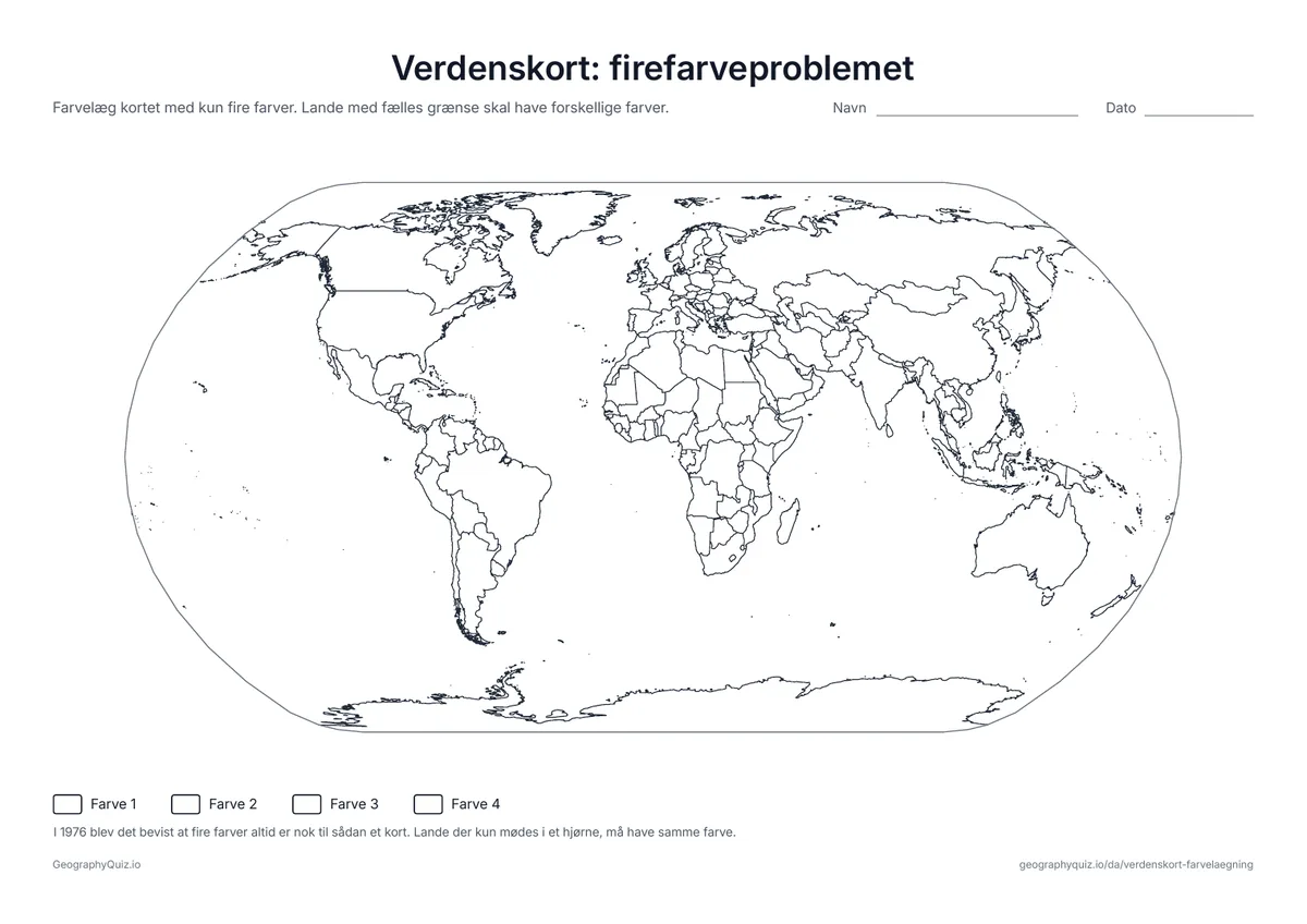 Forhåndsvisning af arbejdsarket »Verdenskort: firefarveproblemet« til udskrift: Farvelæg alle lande med kun fire farver uden at to nabolande får samme farve – en gåde med en berømt matematisk sætning bag