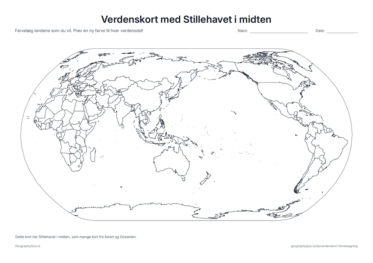 Forhåndsvisning af arbejdsarket »Verdenskort med Stillehavet i midten« til udskrift: Verden med Stillehavet i midten, som mange kort fra Asien og Oceanien viser den