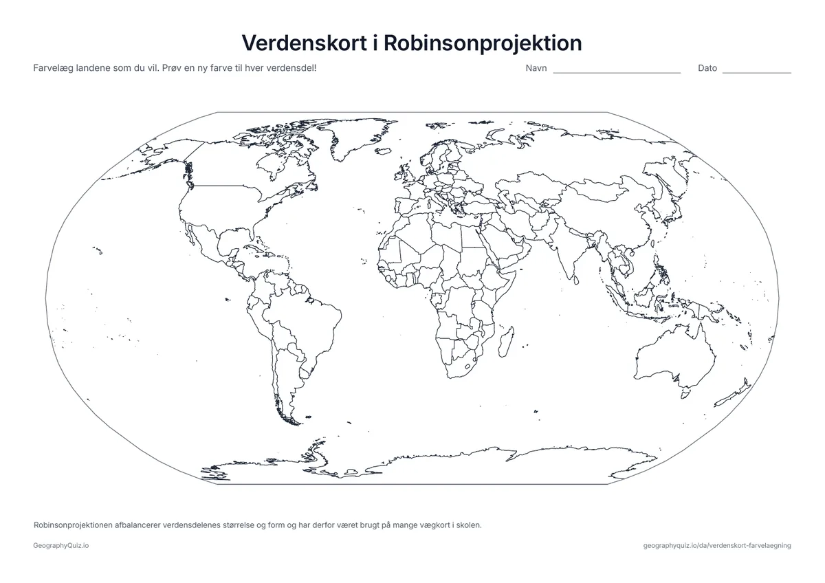 Forhåndsvisning af arbejdsarket »Verdenskort i Robinsonprojektion« til udskrift: Verden i Robinsonprojektion, populær på skolernes vægkort fordi den afbalancerer verdensdelenes størrelse og form