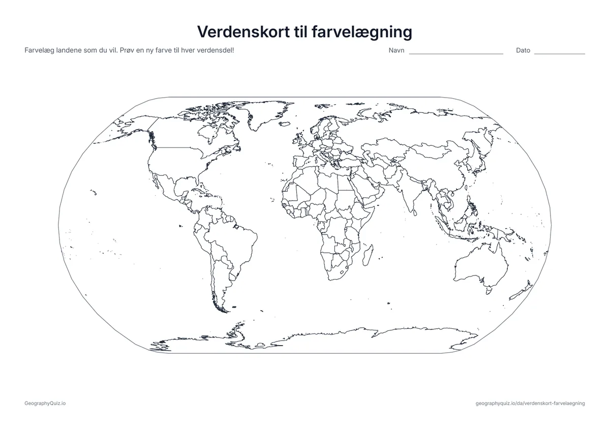 Forhåndsvisning af arbejdsarket »Verdenskort til farvelægning« til udskrift: Et verdenskort med alle lande og uden navne: farvelæg landene som du vil