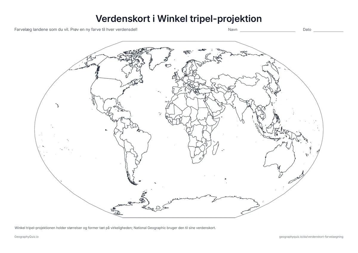 Forhåndsvisning af arbejdsarket »Verdenskort i Winkel tripel-projektion« til udskrift: Verden i Winkel tripel-projektionen, som National Geographic bruger til sine verdenskort