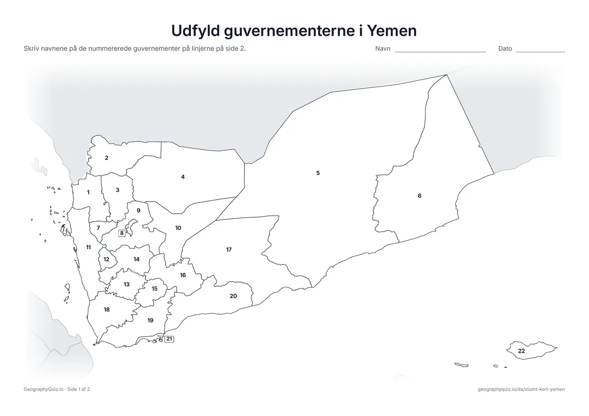 Forhåndsvisning af arbejdsarket »Udfyld guvernementerne i Yemen« til udskrift: Alle 21 guvernementer og hovedstaden Sanaa er nummererede