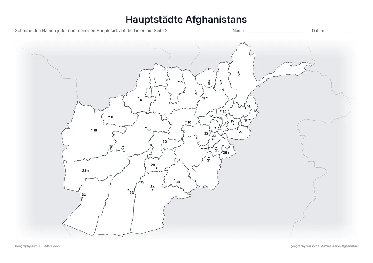 Vorschau des Arbeitsblatts „Hauptstädte Afghanistans“ zum Ausdrucken