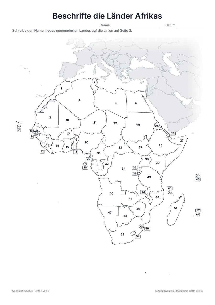 Vorschau des Arbeitsblatts „Beschrifte die Länder Afrikas“ zum Ausdrucken