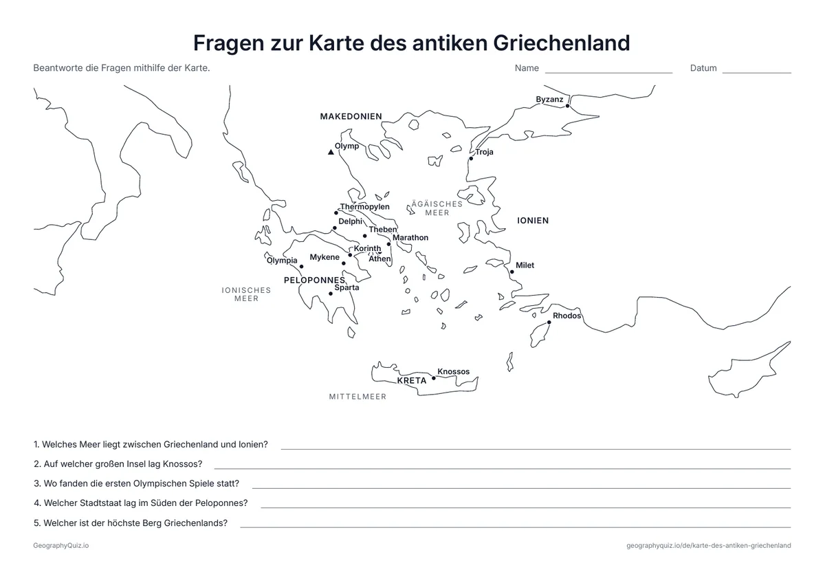 Vorschau des Arbeitsblatts „Fragen zur Karte des antiken Griechenland“ zum Ausdrucken: Eine beschriftete Karte und fünf Fragen zu Olympischen Spielen, Sparta, Knossos, dem Olymp und der Ägäis
