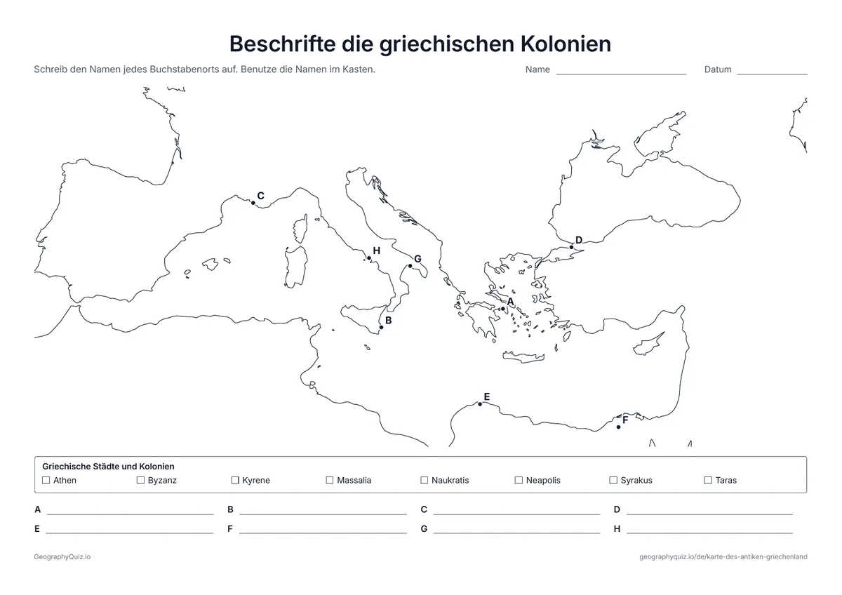 Vorschau des Arbeitsblatts „Beschrifte die griechischen Kolonien“ zum Ausdrucken: Acht Buchstabenstädte rund um das Mittelmeer