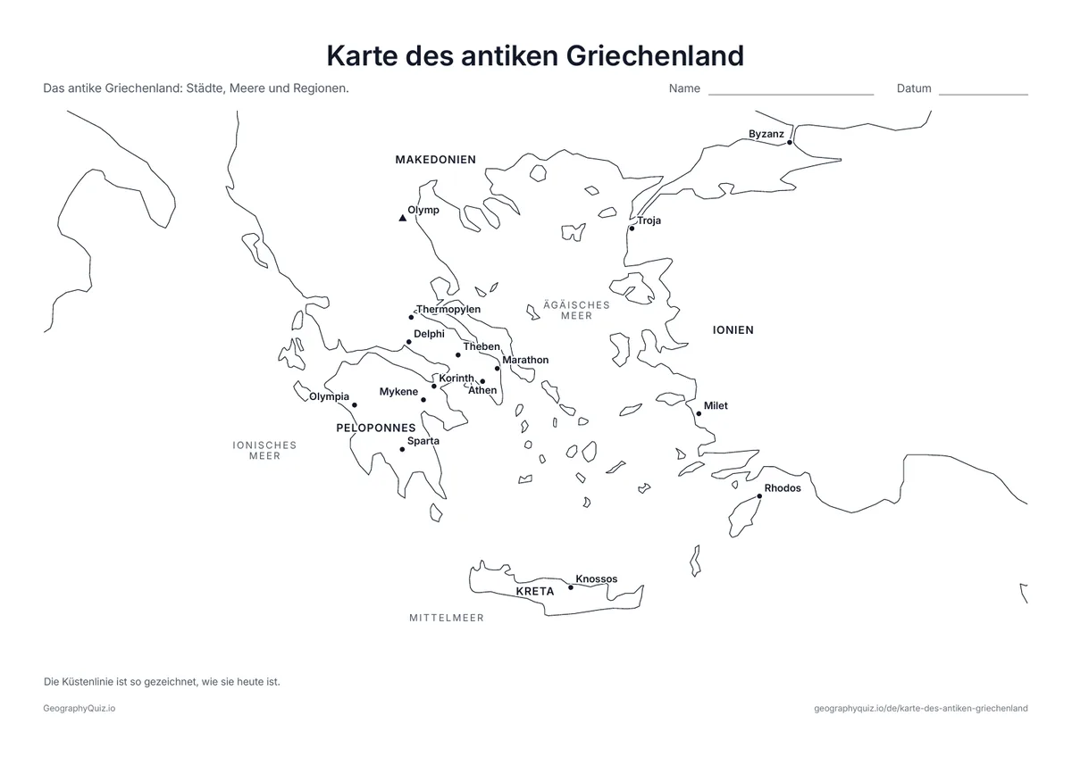 Vorschau des Arbeitsblatts „Karte des antiken Griechenland“ zum Ausdrucken: Athen, Sparta, Marathon, Delphi, Olympia, Knossos, Troja und weitere Orte, mit dem Olymp, den Meeren und den Regionen