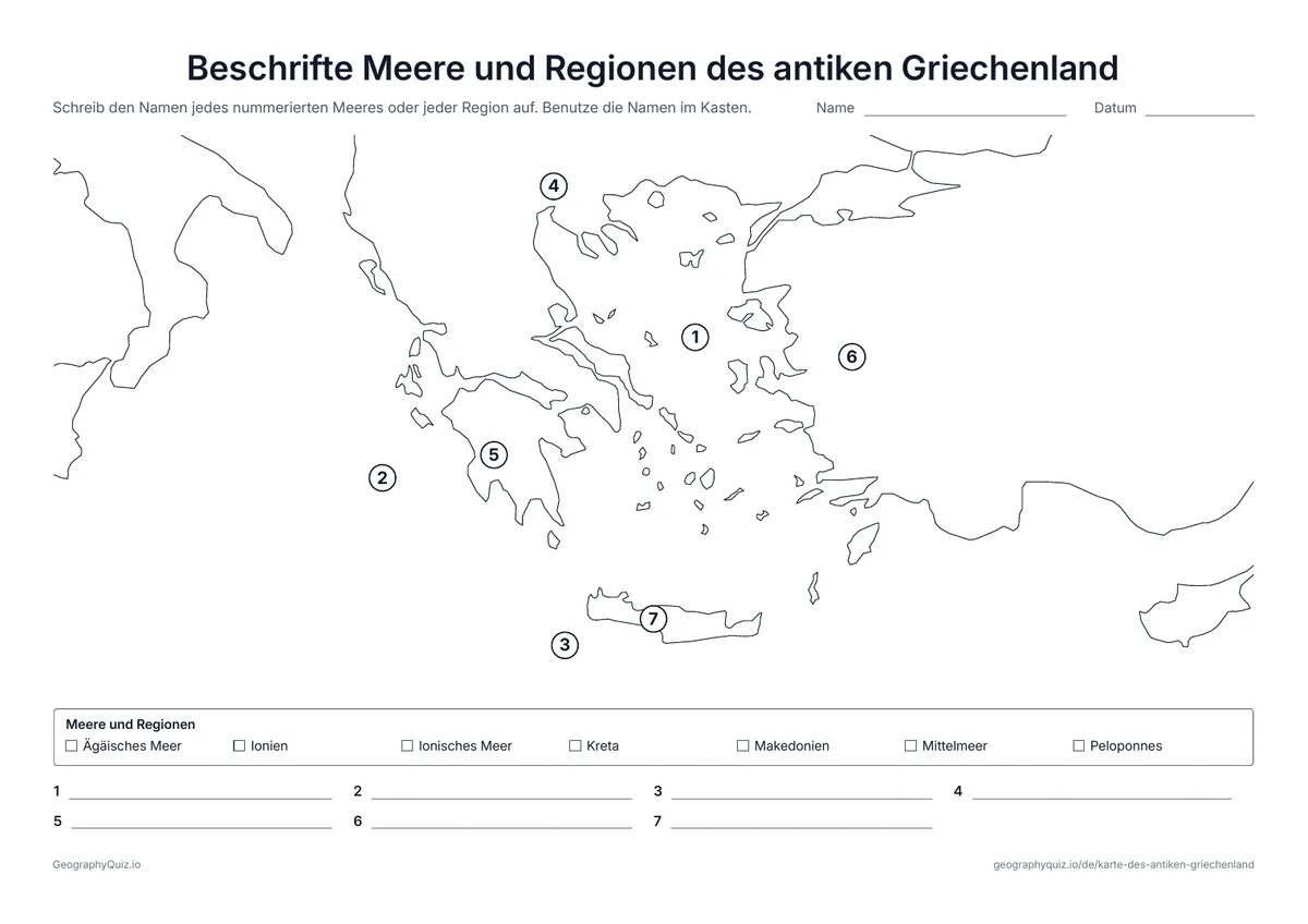 Vorschau des Arbeitsblatts „Beschrifte Meere und Regionen des antiken Griechenland“ zum Ausdrucken: Ägäis, Ionisches Meer und Mittelmeer sowie Makedonien, die Peloponnes, Ionien und Kreta werden benannt